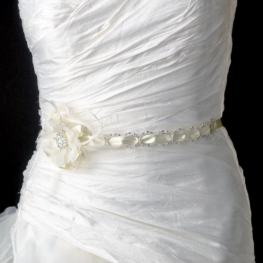 * Silver Accented Ivory/White Ribbon Bridal Wedding Belt 8531
