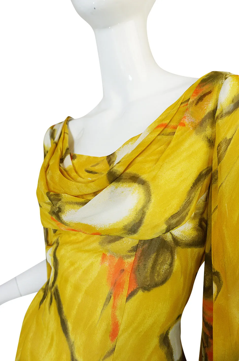 1960s Dramatic Silk Scarf Arm Lilli Diamond Floral Dress