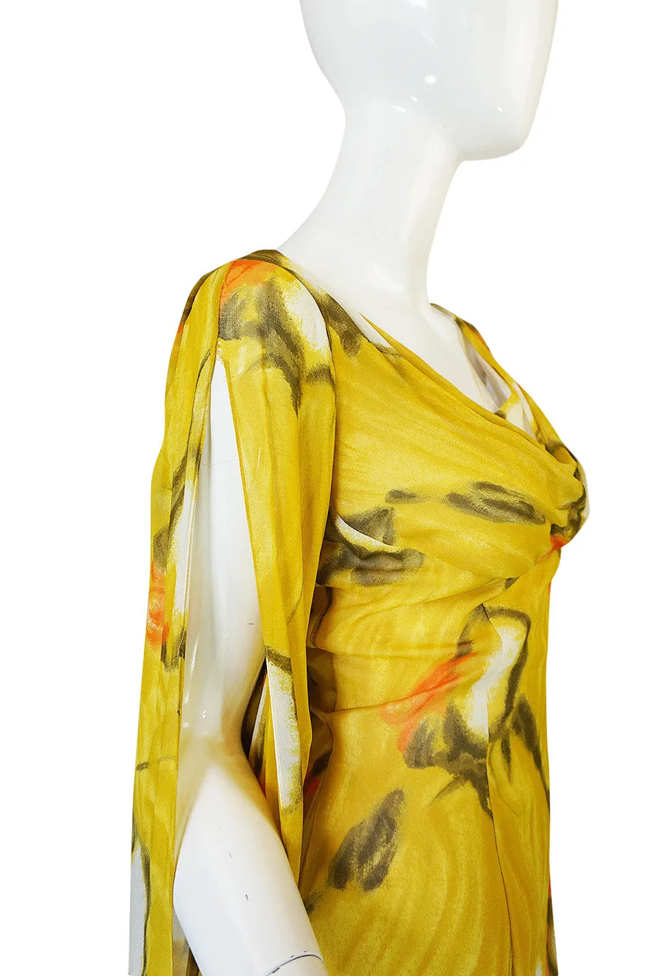 1960s Dramatic Silk Scarf Arm Lilli Diamond Floral Dress