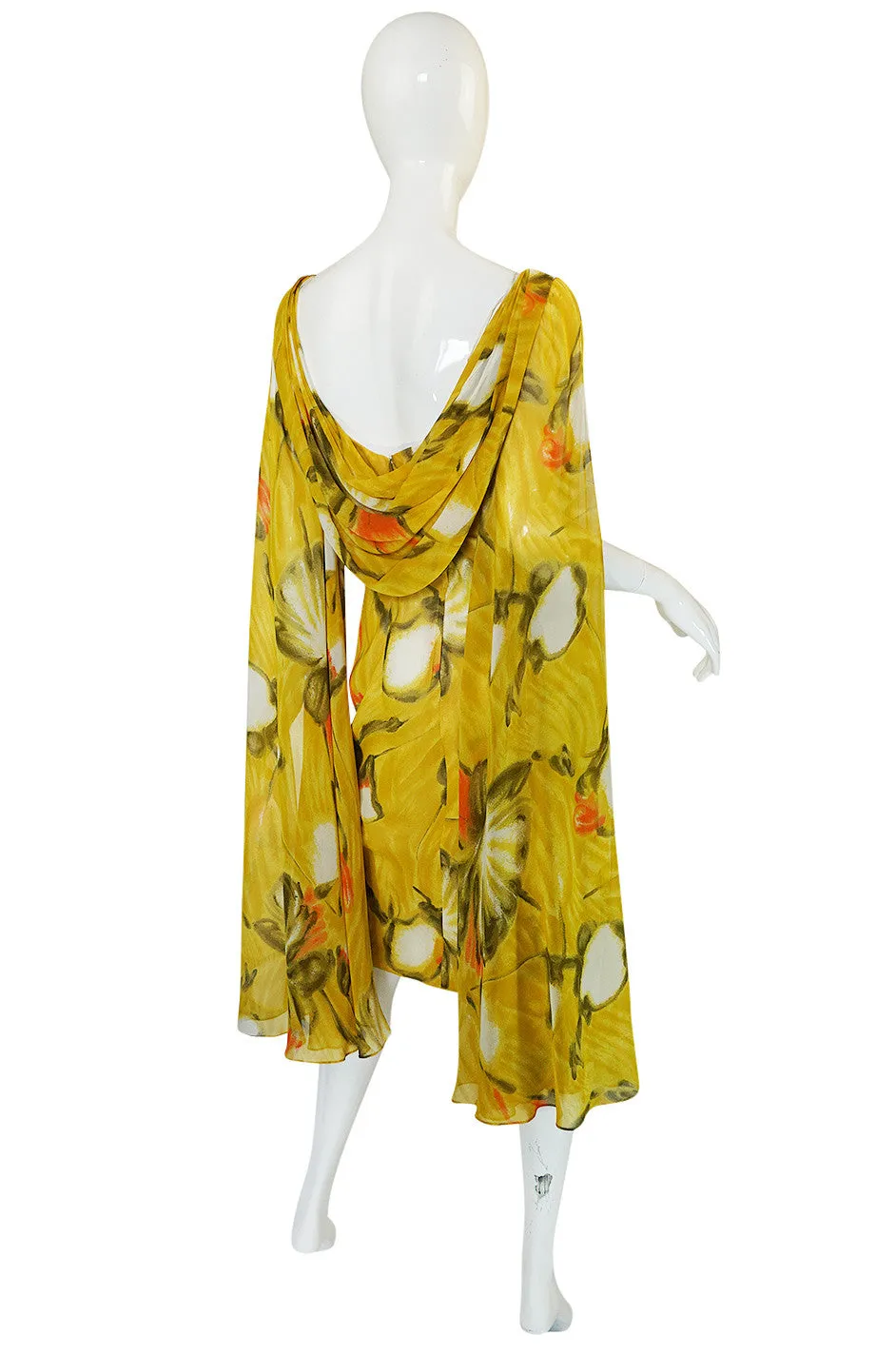 1960s Dramatic Silk Scarf Arm Lilli Diamond Floral Dress