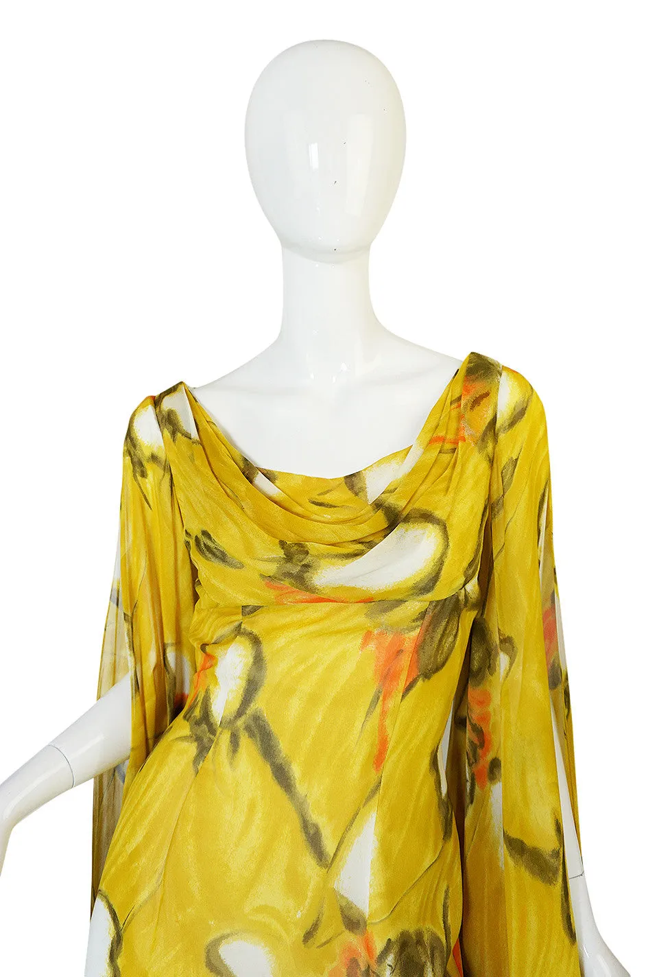 1960s Dramatic Silk Scarf Arm Lilli Diamond Floral Dress
