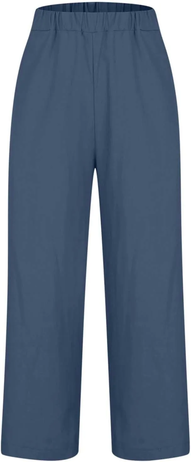 2024 Cotton Linen Pants Women Summer Elastic Waist Crop Pants Plus Size Straight Leg Slack Casual Trouser with Pocket