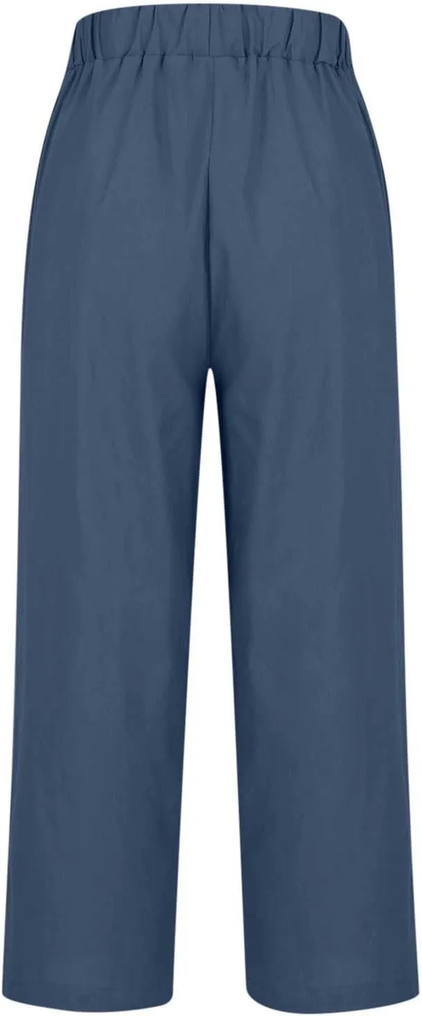 2024 Cotton Linen Pants Women Summer Elastic Waist Crop Pants Plus Size Straight Leg Slack Casual Trouser with Pocket