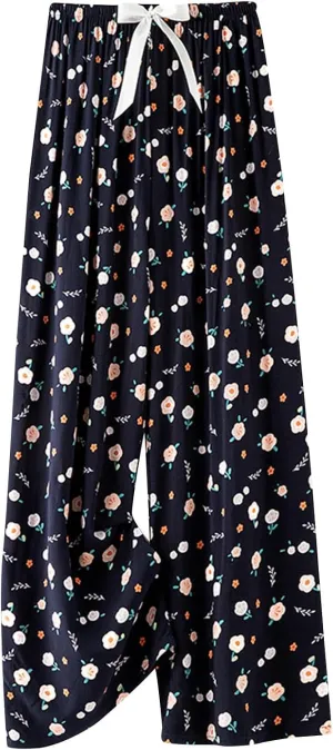 2024 Floral Printed Pants Women Casual Baggy Wide Leg Lounge Pants Loose Comfy Lightweight Elastic Waist Trousers with Pocket