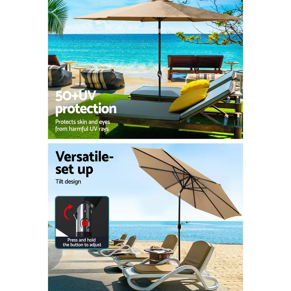 3m Outdoor Umbrella | w/Base Pole | Tilt | Beach Garden Patio | Beige
