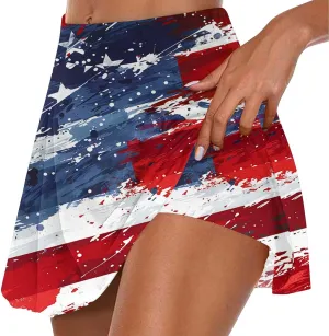4th of July Skort Patriotic Skirts for Women American Flag Tennis Skirts with Shorts High Waisted Flowy Summer Skorts