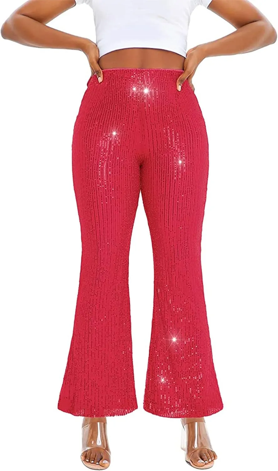 Alyweatry Women Sequin Bell Bottom Pants Glitter Sparkle High Waist Wide Leg Trousers Night Out Clubwear