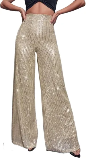 Alyweatry Women Sequin Bell Bottom Pants Glitter Sparkle High Waist Wide Leg Trousers Night Out Clubwear