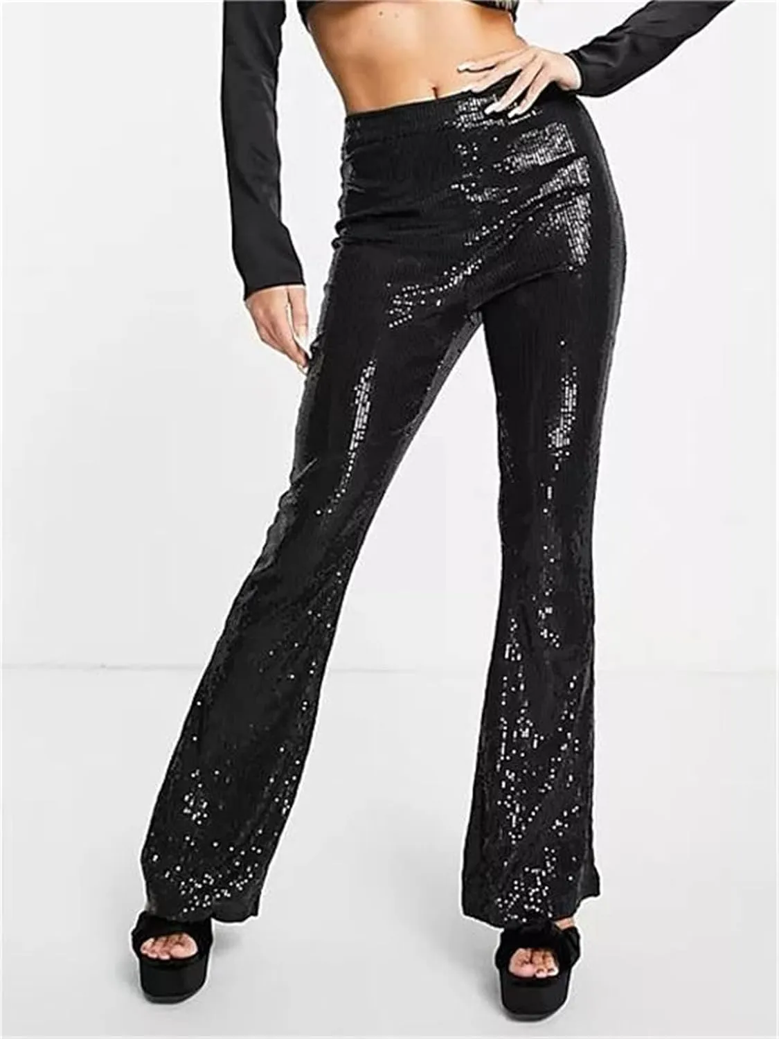 Alyweatry Women Sequin Bell Bottom Pants Glitter Sparkle High Waist Wide Leg Trousers Night Out Clubwear