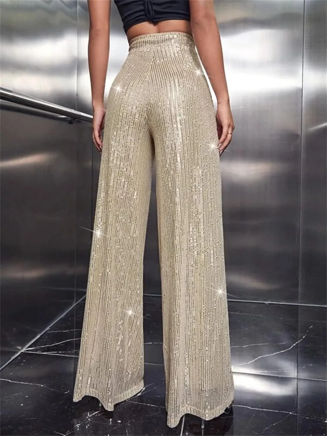 Alyweatry Women Sequin Bell Bottom Pants Glitter Sparkle High Waist Wide Leg Trousers Night Out Clubwear