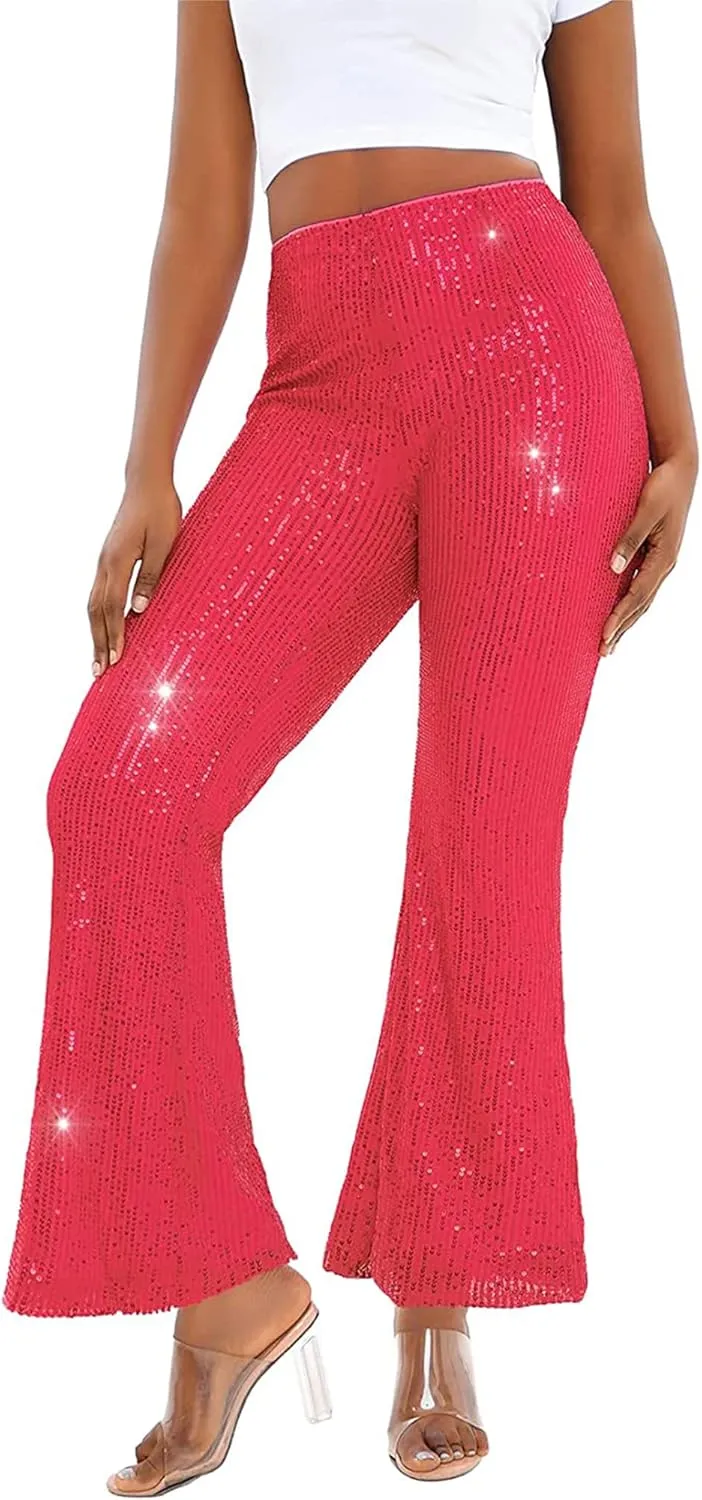 Alyweatry Women Sequin Bell Bottom Pants Glitter Sparkle High Waist Wide Leg Trousers Night Out Clubwear