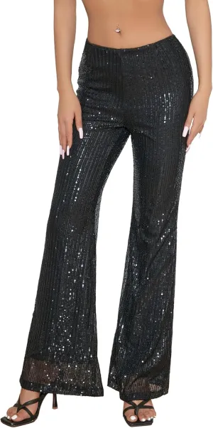 Alyweatry Women Sequin Bell Bottom Pants Glitter Sparkle High Waist Wide Leg Trousers Night Out Clubwear