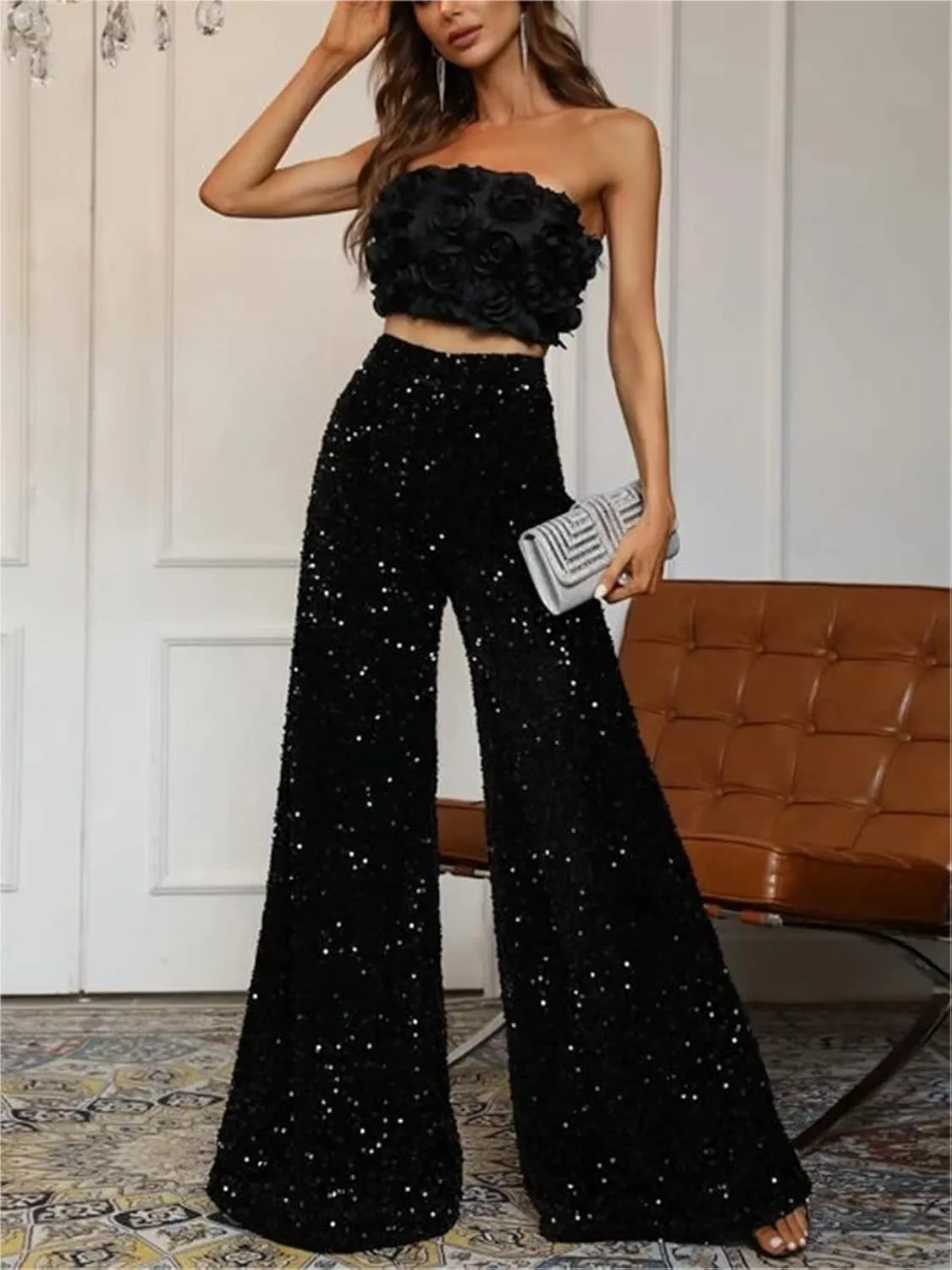 Alyweatry Women Sequin Bell Bottom Pants Glitter Sparkle High Waist Wide Leg Trousers Night Out Clubwear
