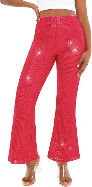 Alyweatry Women Sequin Bell Bottom Pants Glitter Sparkle High Waist Wide Leg Trousers Night Out Clubwear