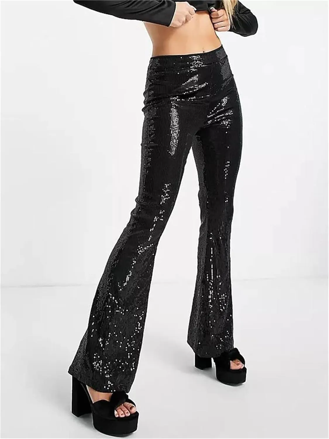 Alyweatry Women Sequin Bell Bottom Pants Glitter Sparkle High Waist Wide Leg Trousers Night Out Clubwear