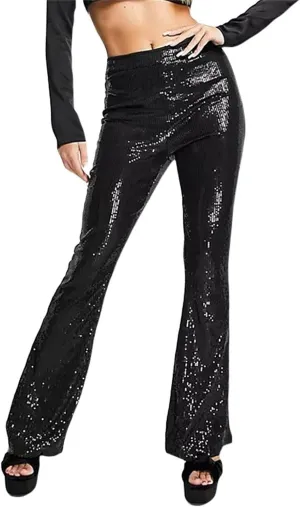 Alyweatry Women Sequin Bell Bottom Pants Glitter Sparkle High Waist Wide Leg Trousers Night Out Clubwear