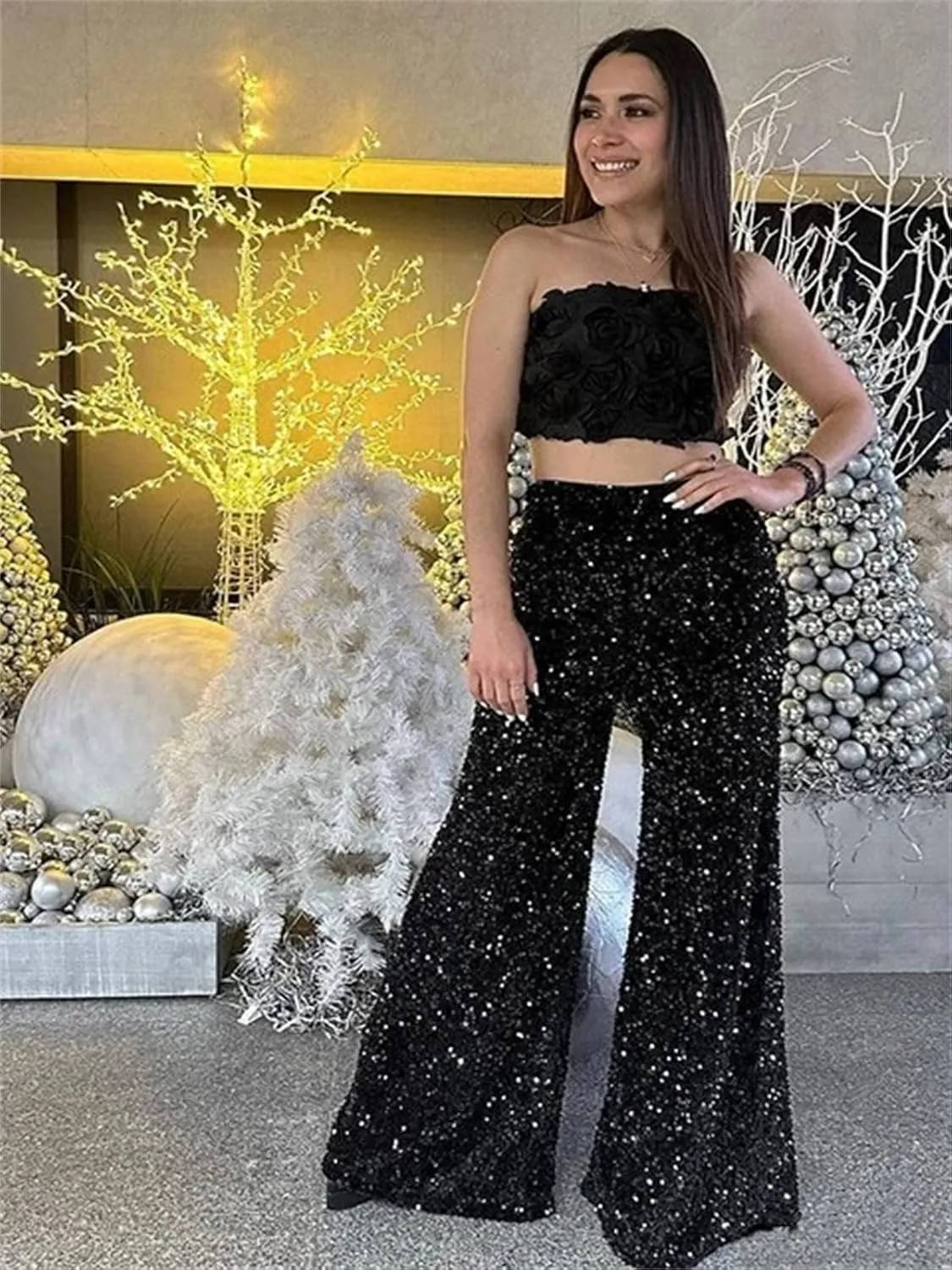 Alyweatry Women Sequin Bell Bottom Pants Glitter Sparkle High Waist Wide Leg Trousers Night Out Clubwear