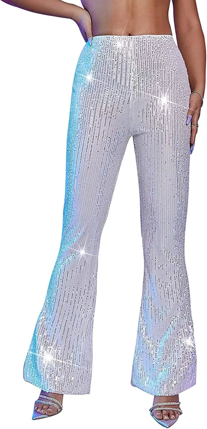 Alyweatry Women Sequin Bell Bottom Pants Glitter Sparkle High Waist Wide Leg Trousers Night Out Clubwear