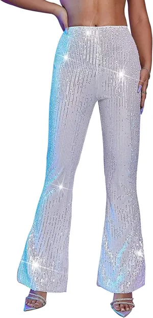 Alyweatry Women Sequin Bell Bottom Pants Glitter Sparkle High Waist Wide Leg Trousers Night Out Clubwear