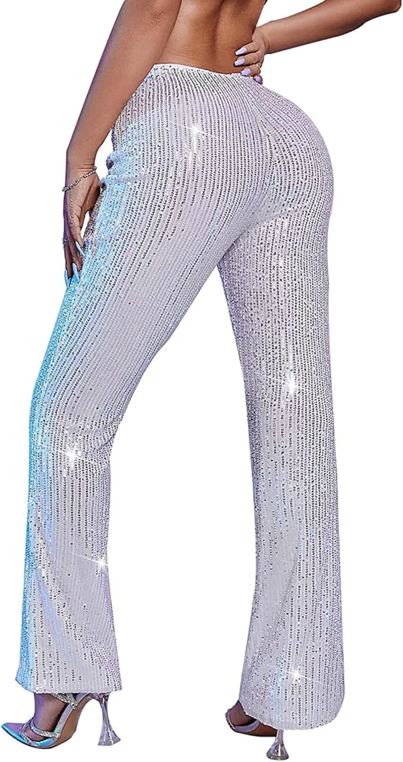 Alyweatry Women Sequin Bell Bottom Pants Glitter Sparkle High Waist Wide Leg Trousers Night Out Clubwear