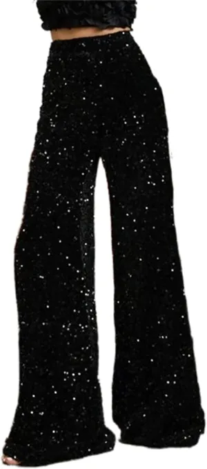 Alyweatry Women Sequin Bell Bottom Pants Glitter Sparkle High Waist Wide Leg Trousers Night Out Clubwear
