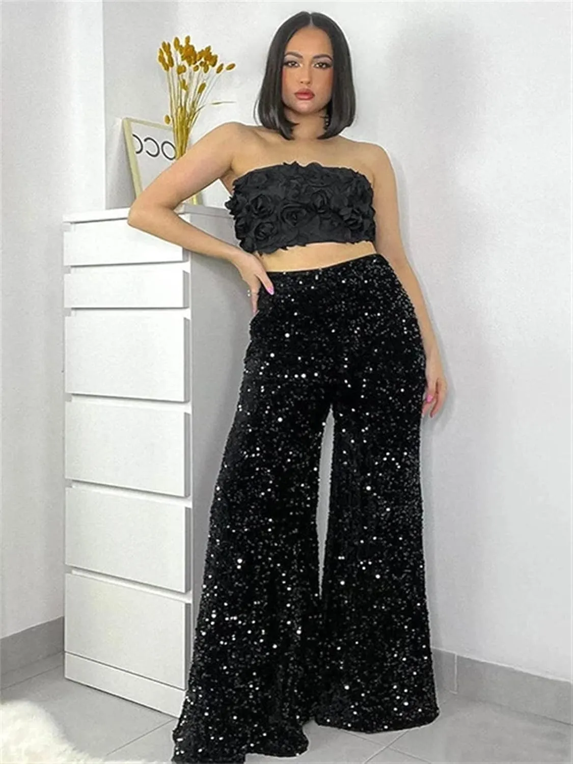 Alyweatry Women Sequin Bell Bottom Pants Glitter Sparkle High Waist Wide Leg Trousers Night Out Clubwear