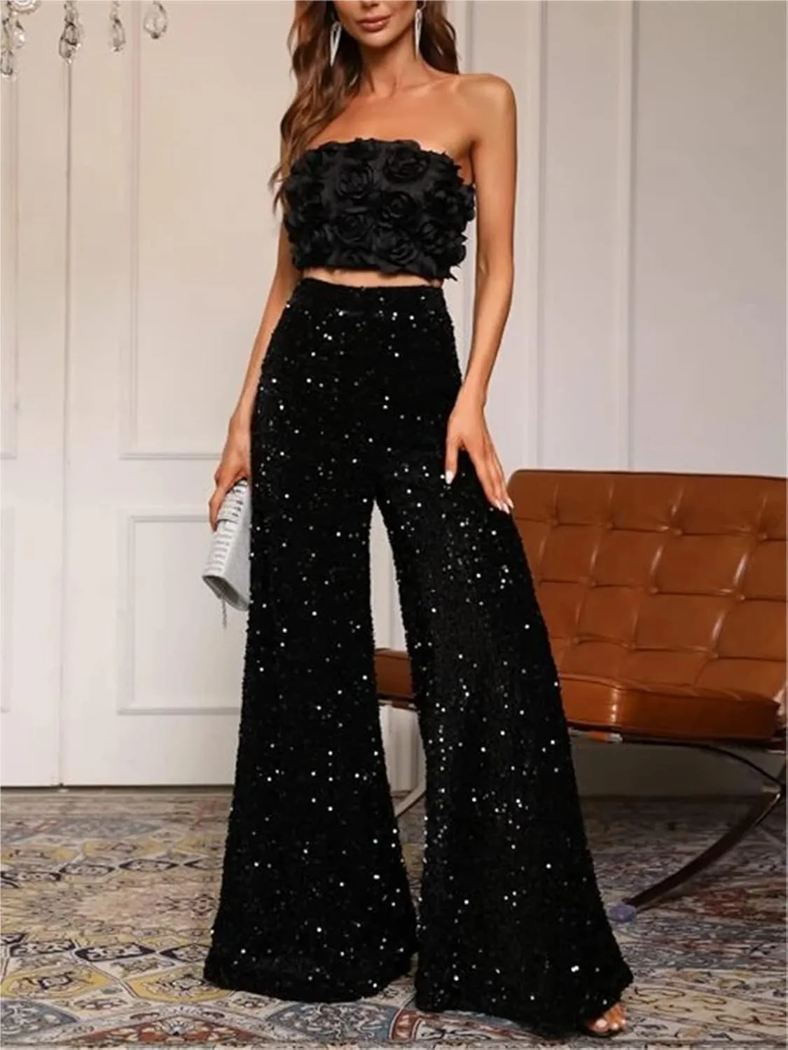 Alyweatry Women Sequin Bell Bottom Pants Glitter Sparkle High Waist Wide Leg Trousers Night Out Clubwear