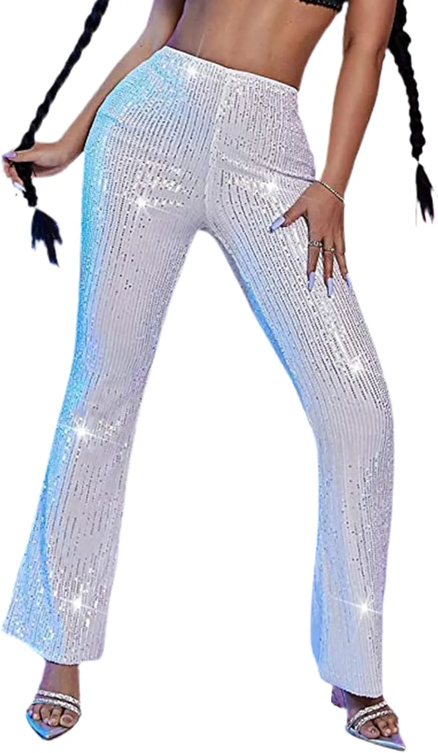 Alyweatry Women Sequin Bell Bottom Pants Glitter Sparkle High Waist Wide Leg Trousers Night Out Clubwear