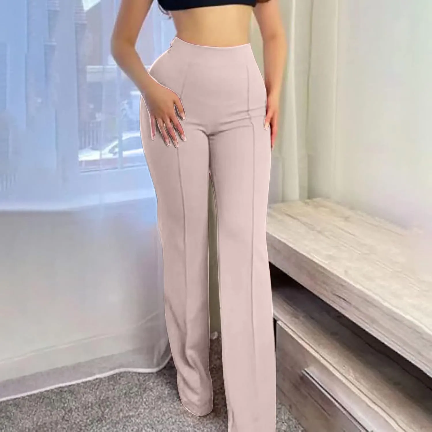 Anjikang Stretchy Flare Pants for Women High Elastic Waist Wide Leg Long Trousers Loose Trendy Casual Pants with Pockets