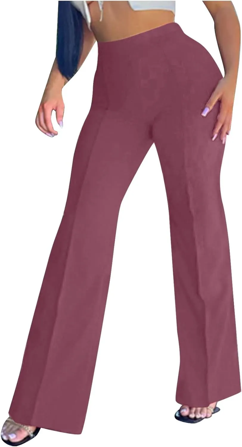 Anjikang Stretchy Flare Pants for Women High Elastic Waist Wide Leg Long Trousers Loose Trendy Casual Pants with Pockets