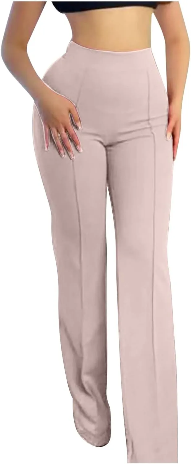 Anjikang Stretchy Flare Pants for Women High Elastic Waist Wide Leg Long Trousers Loose Trendy Casual Pants with Pockets