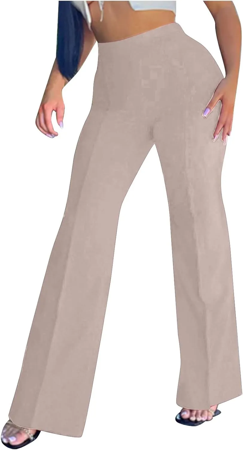 Anjikang Stretchy Flare Pants for Women High Elastic Waist Wide Leg Long Trousers Loose Trendy Casual Pants with Pockets