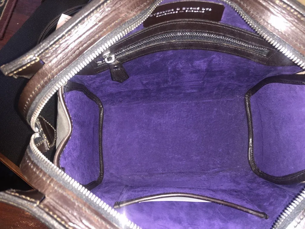 Antonoplos Bespoke Top Frame Briefcase | Dark Havana | Navy Suede | Brass Fittings | Custom Pockets, Loops | Cigar Case Pocket