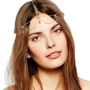 Aularso Boho Head Chain Crystal Forehead Chain Layerd Tassel Headpieces Dangle Hair Chain Vintage Headband Halloween Hair Accessories for Women and Girls (Gold)
