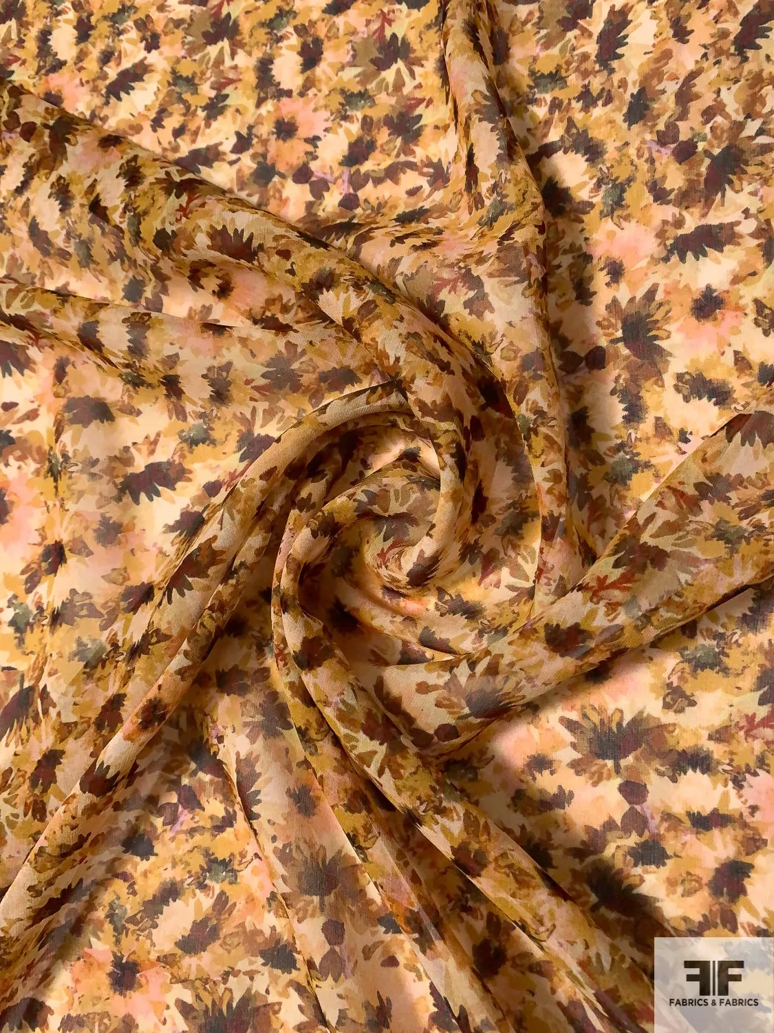 Autumn Floral Printed Silk Chiffon - Shades of Brown / Olive / Yellow