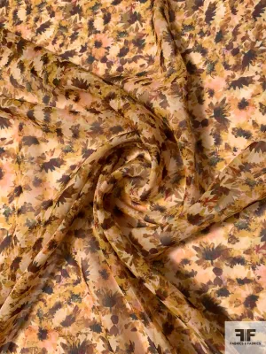 Autumn Floral Printed Silk Chiffon - Shades of Brown / Olive / Yellow