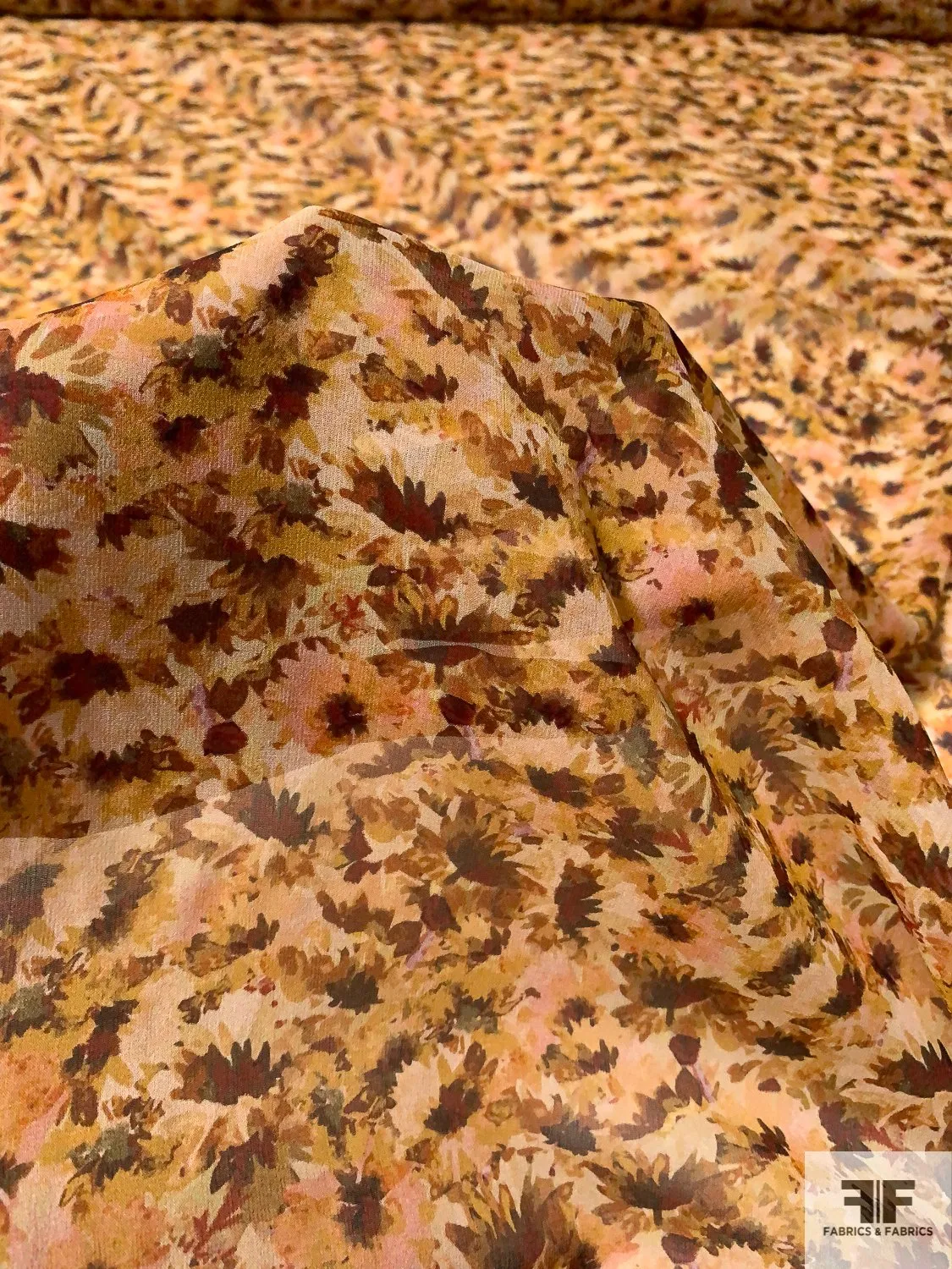 Autumn Floral Printed Silk Chiffon - Shades of Brown / Olive / Yellow