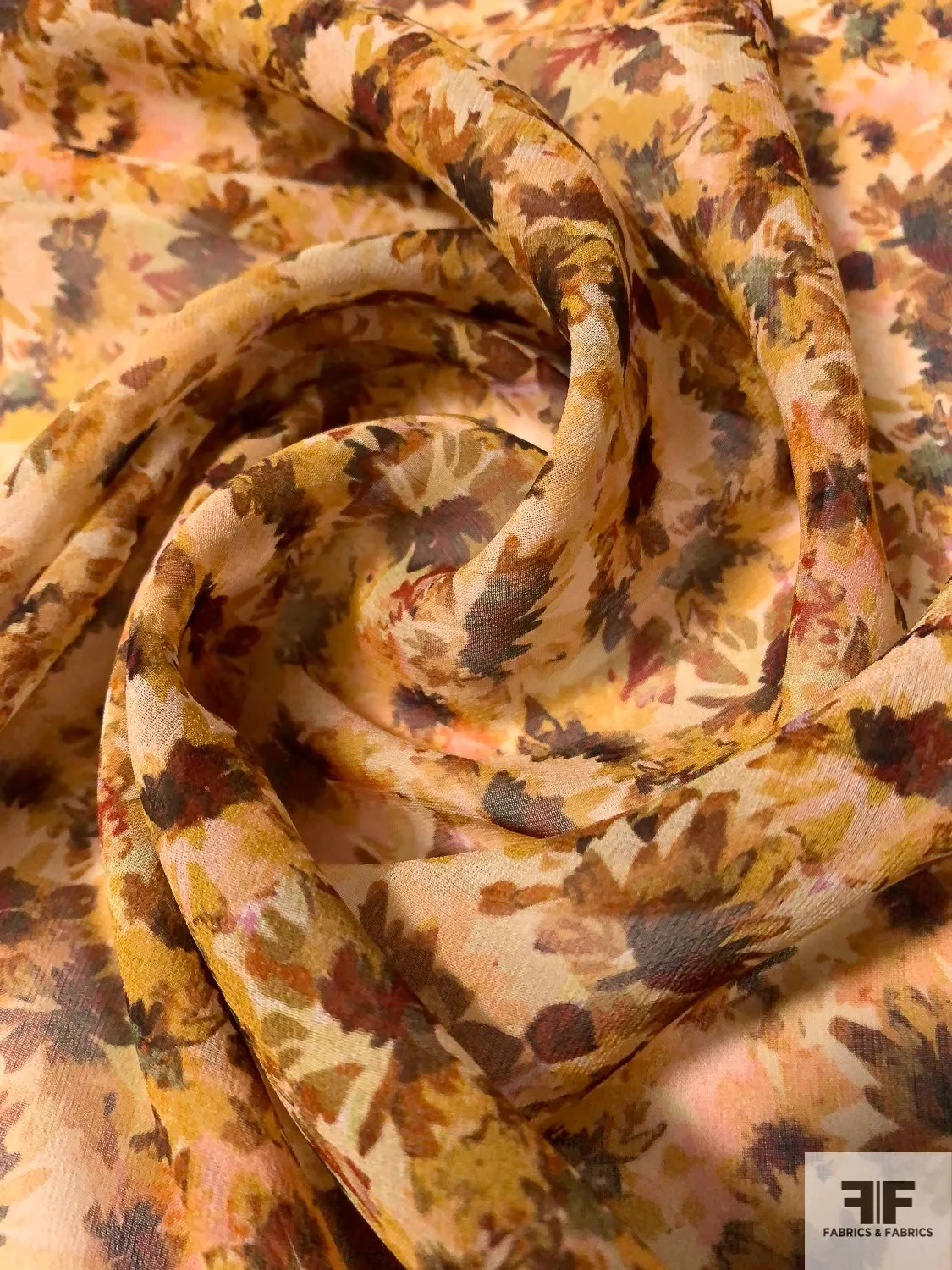Autumn Floral Printed Silk Chiffon - Shades of Brown / Olive / Yellow