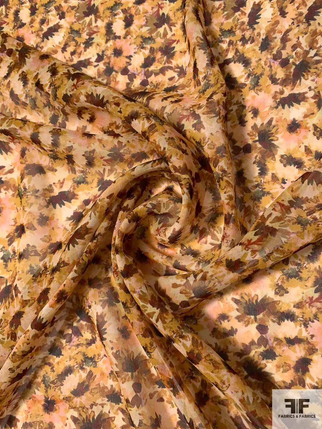 Autumn Floral Printed Silk Chiffon - Shades of Brown / Olive / Yellow