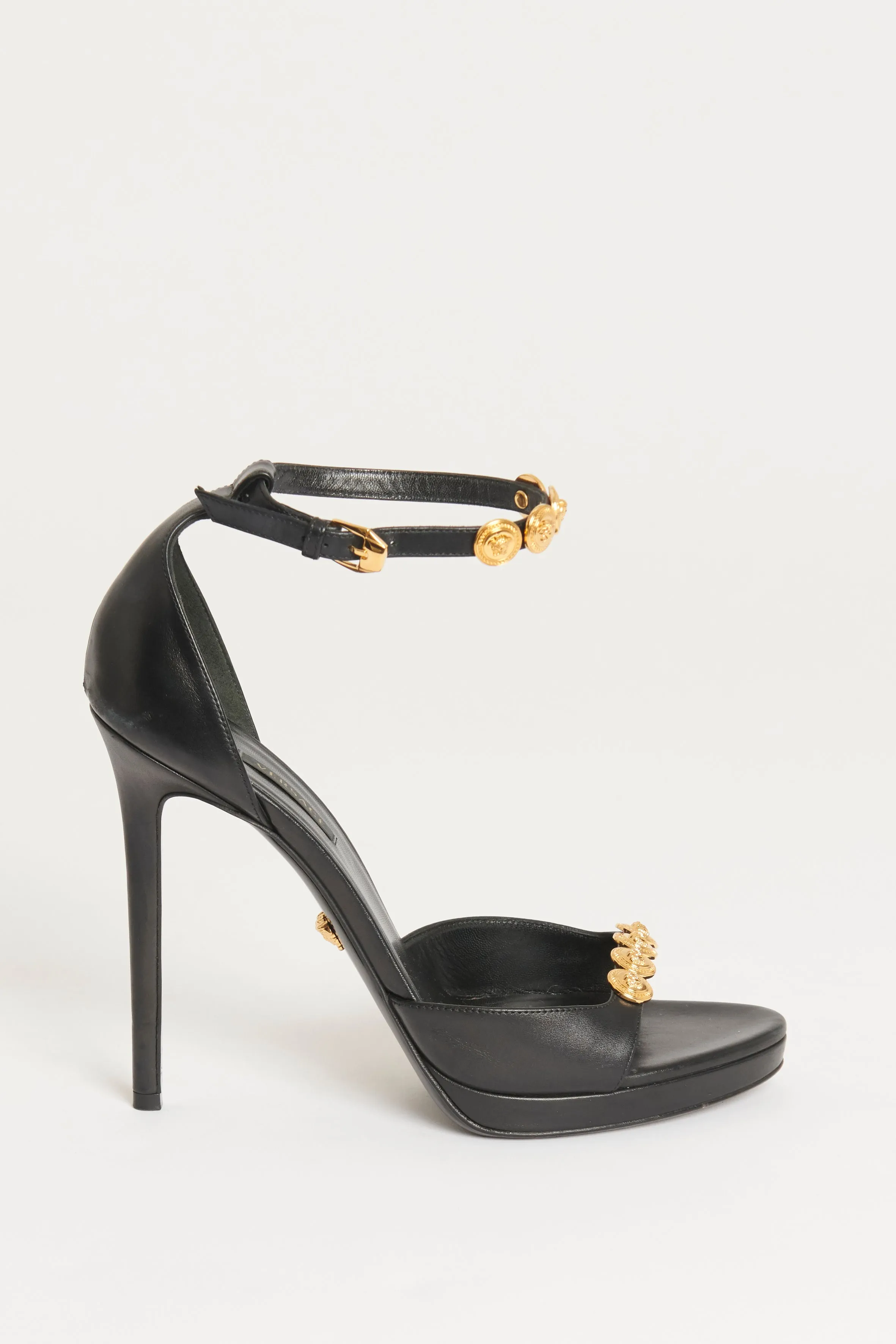 Black Leather Medusa Gold Stud Preowned Heel