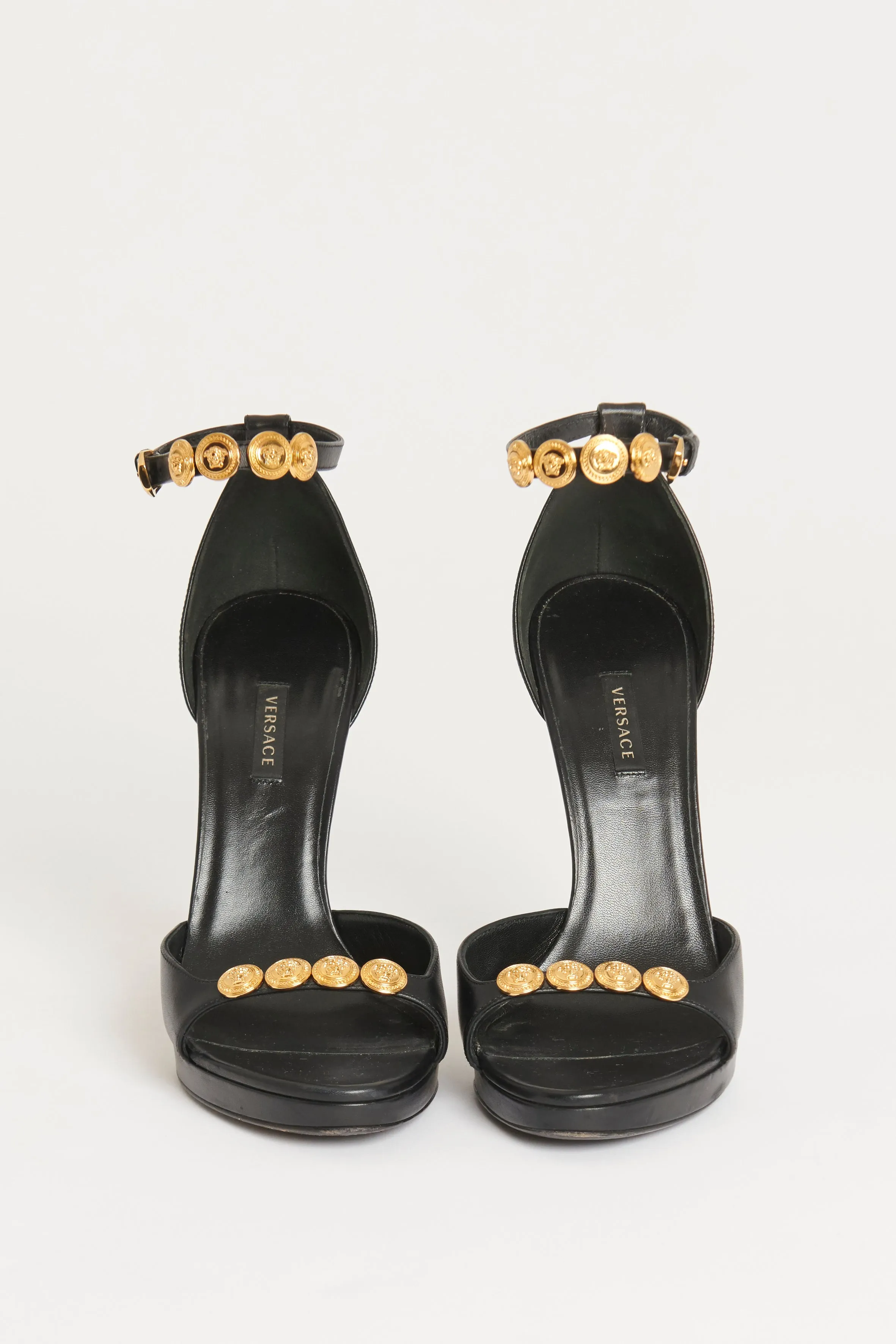 Black Leather Medusa Gold Stud Preowned Heel