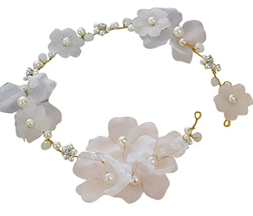 Bohemian Flowers Pearl Garland Bridal Wedding/Sweet Sixteen/Flower Girl/Quinceanera Crown Headdress (White Silk Flower)