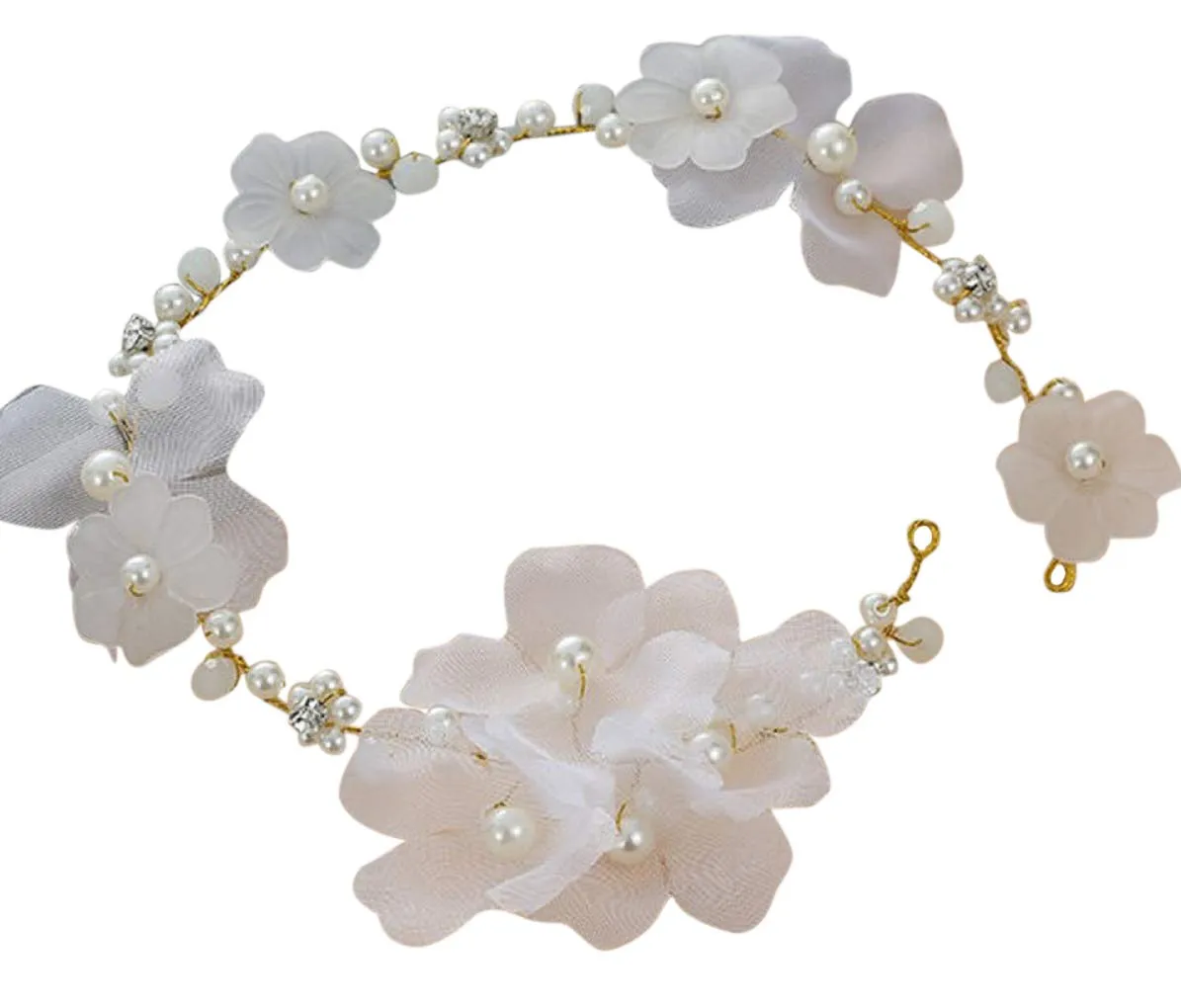 Bohemian Flowers Pearl Garland Bridal Wedding/Sweet Sixteen/Flower Girl/Quinceanera Crown Headdress (White Silk Flower)