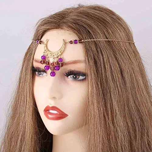 Bomine Boho Head Chain Forehead Crescent Moon Hair Chain Crystal Gypsy Jewelry Headpieces Hair Acessories for Women and Girls (Gold)