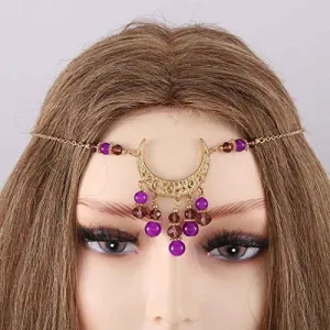Bomine Boho Head Chain Forehead Crescent Moon Hair Chain Crystal Gypsy Jewelry Headpieces Hair Acessories for Women and Girls (Gold)