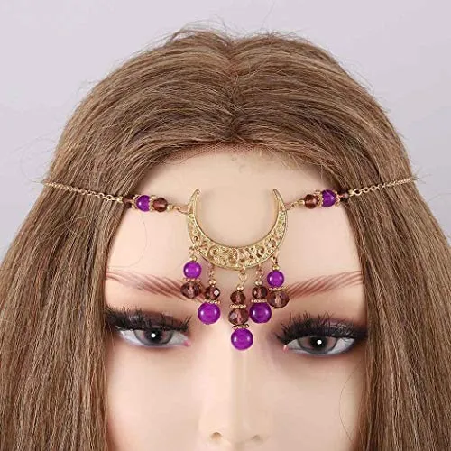 Bomine Boho Head Chain Forehead Crescent Moon Hair Chain Crystal Gypsy Jewelry Headpieces Hair Acessories for Women and Girls (Gold)
