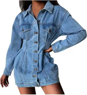 BTDECLAR Womens Casual Denim Jacket Midi Long Jean Skirt Babydoll Slim Fit Lapel Pleated Long Sleeve Denim Dress Jean Jacket