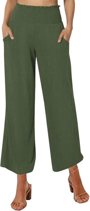 Capri Pants for Women Casual Loose Fit Summer Elastic High Waist Trousers Cotton Linen Pants Wide Leg Lounge Capris