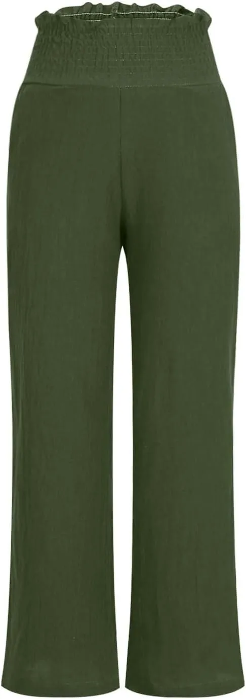 Capri Pants for Women Casual Loose Fit Summer Elastic High Waist Trousers Cotton Linen Pants Wide Leg Lounge Capris