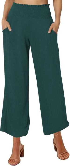 Capri Pants for Women Casual Loose Fit Summer Elastic High Waist Trousers Cotton Linen Pants Wide Leg Lounge Capris
